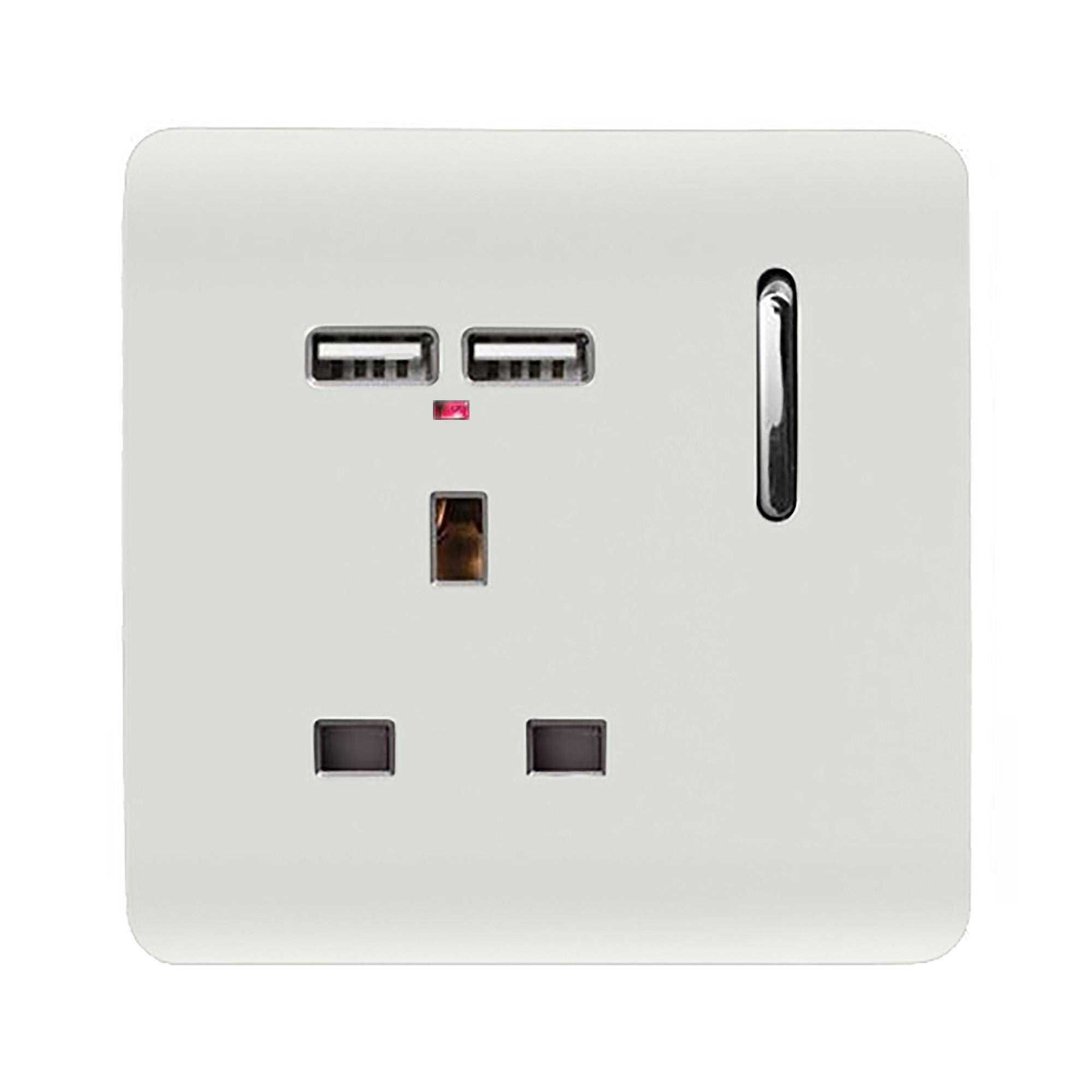 1 Gang Switched Single Socket 13A With 2 x USB-A 10W (Shared) With Neon Insert Ice White ART-SKT13USBWH  Trendi Ice White